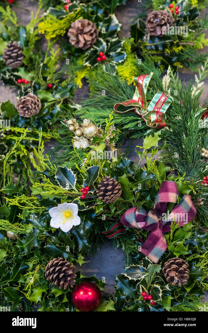 Christmas wreaths, St Market, Belfast, Northern Ireland Stock