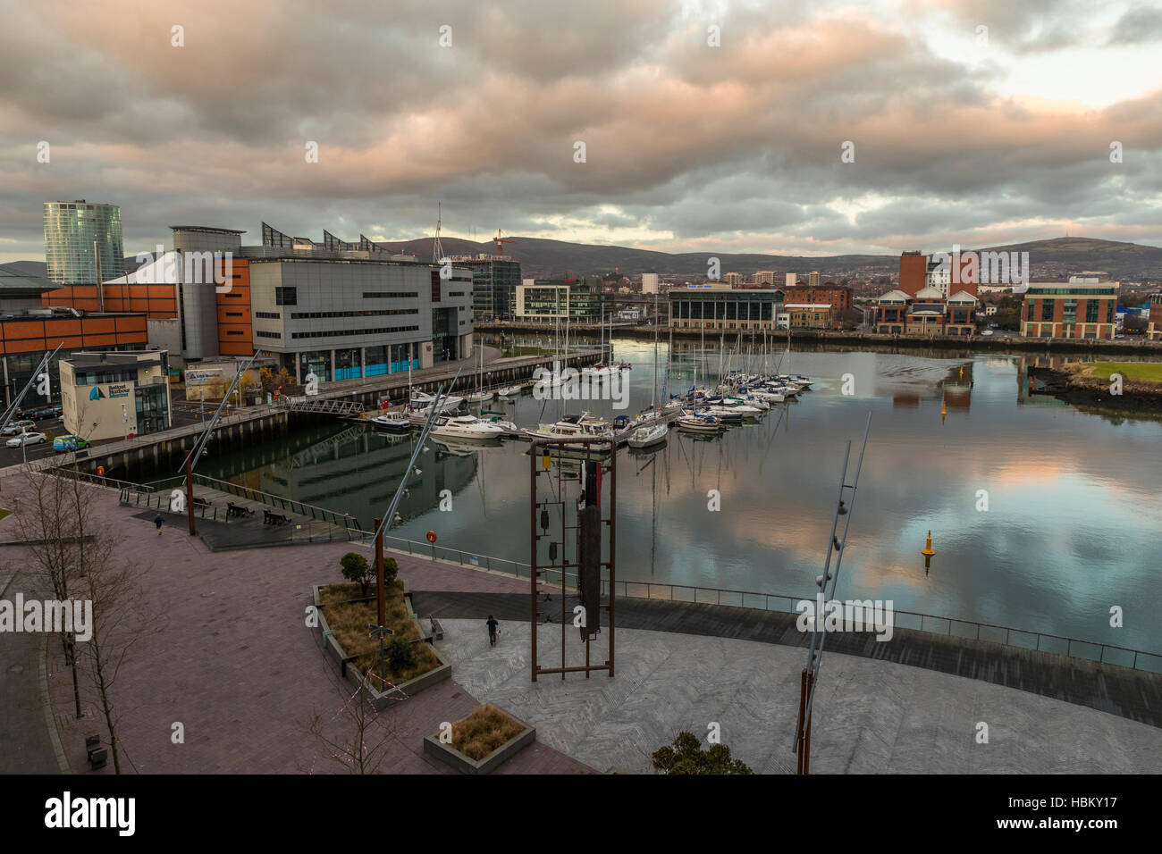 Former Dock Basin Now A Marina Under The Arc Apartments Queens Road Belfast Part Of The Docks Regeneration Stock Photo Alamy
