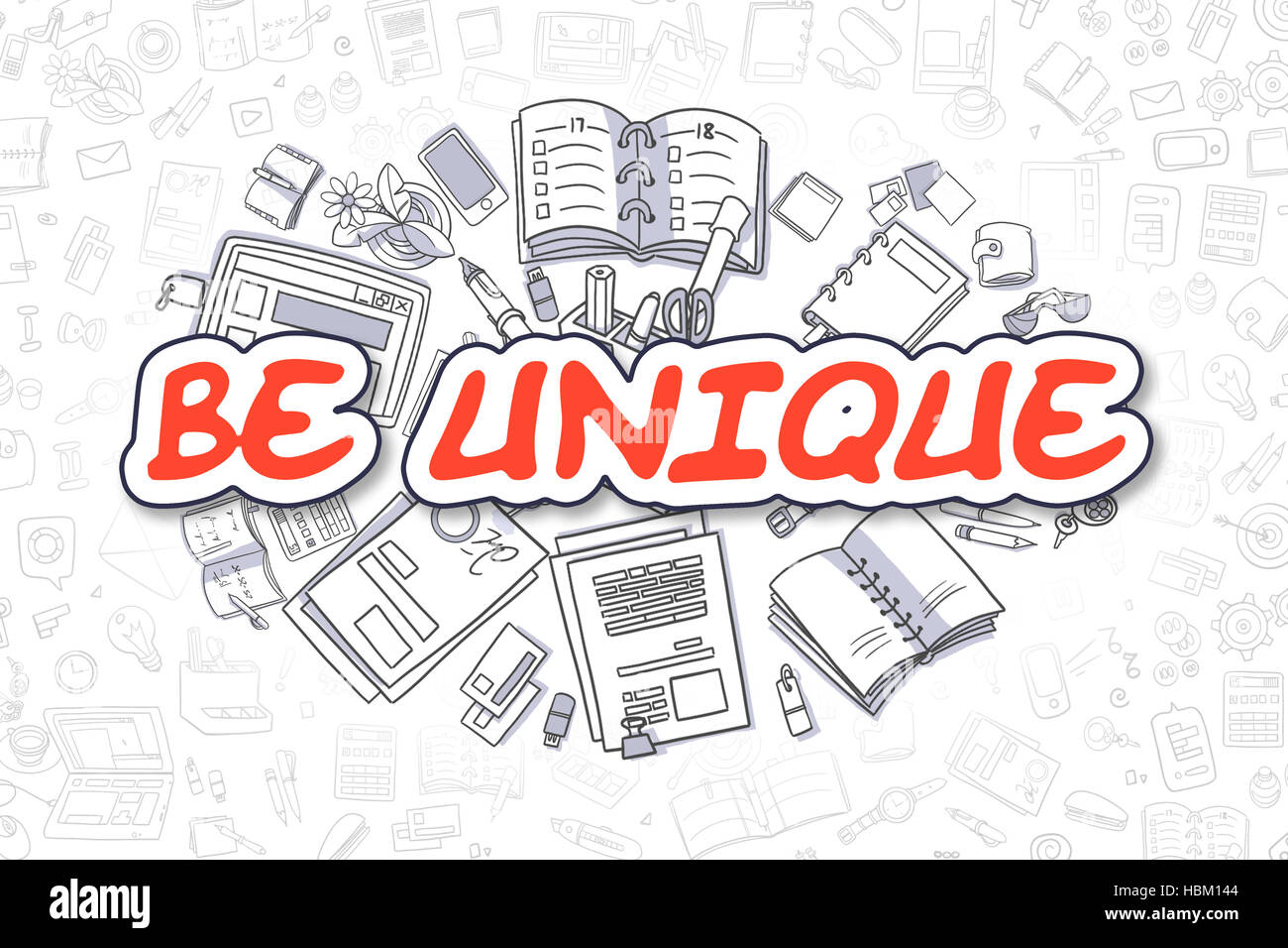 Be Unique - Doodle Red Word. Business Concept. Stock Photo