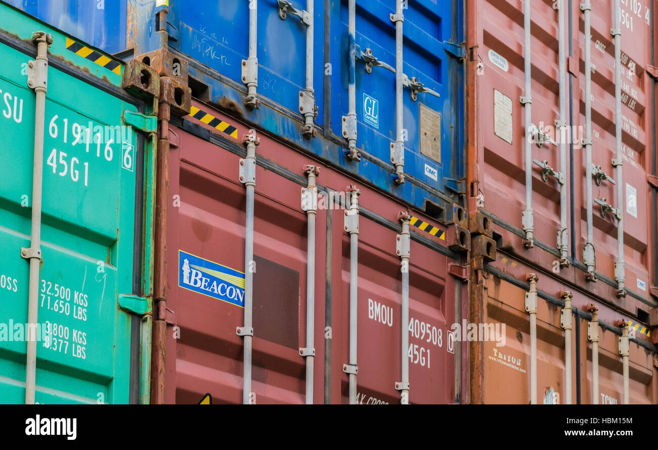Shipping containers at a port in Hong Kong Stock Photo
