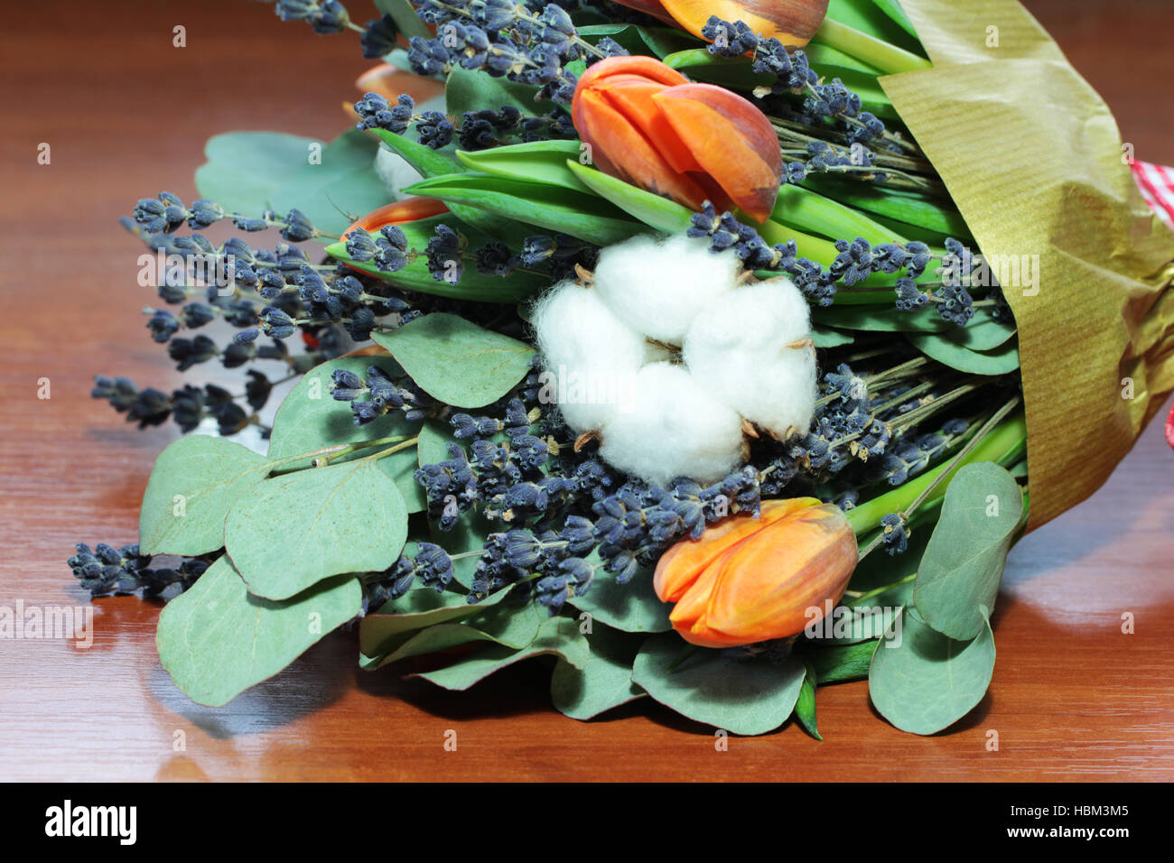 Bouquet of tulips, eucalyptus, lavender Stock Photo Alamy
