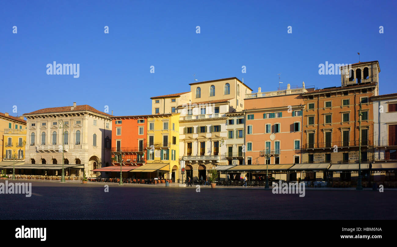 Houses and restaurants at Piazza Bra, early mornings, Verona, Italy Stock Photo