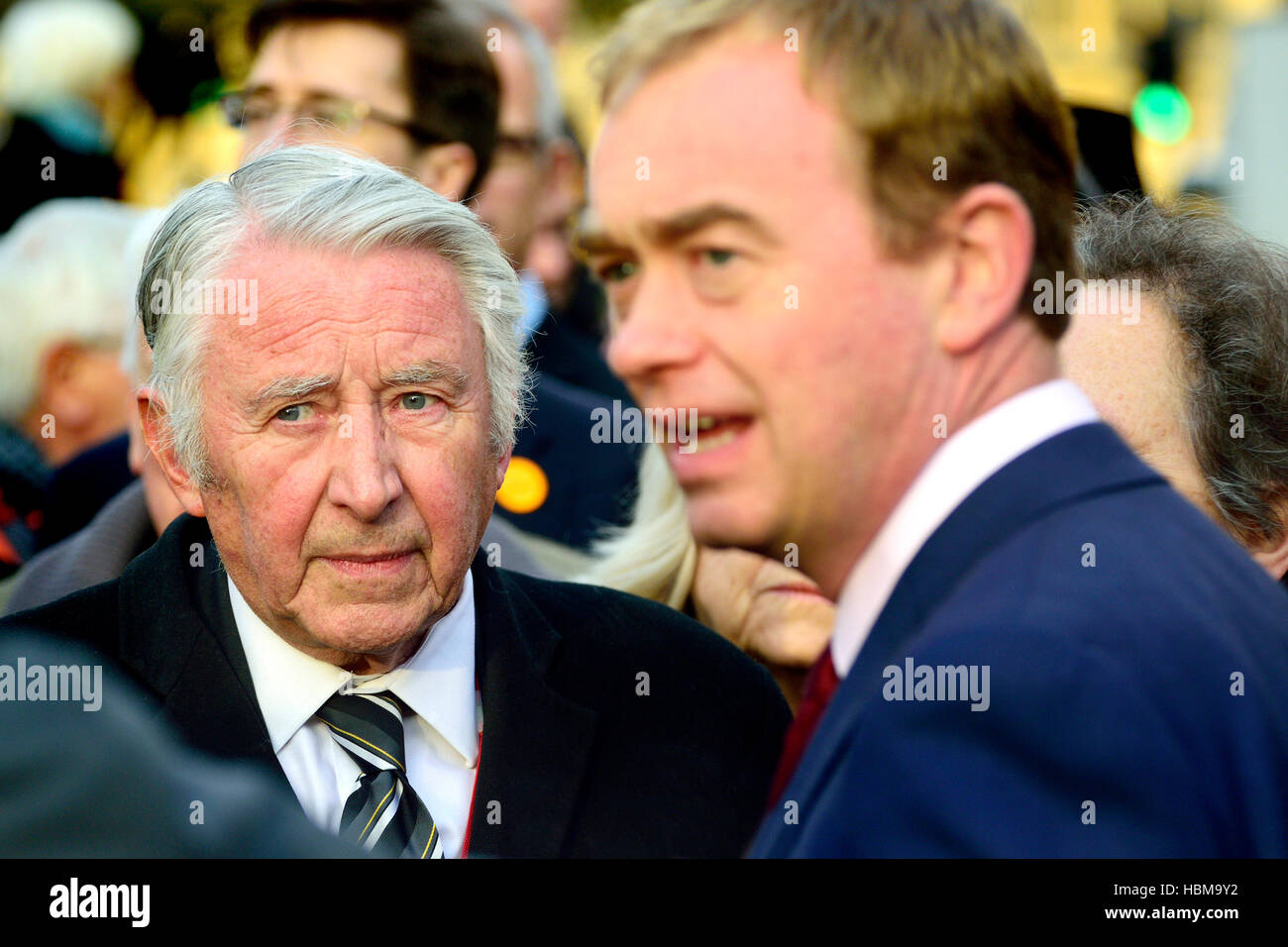 David Steel / Lord Steel of Aikwood, talking to party leader Tim Farron at an event on College Green, Westminster welcoming newly-elected MP... Stock Photo