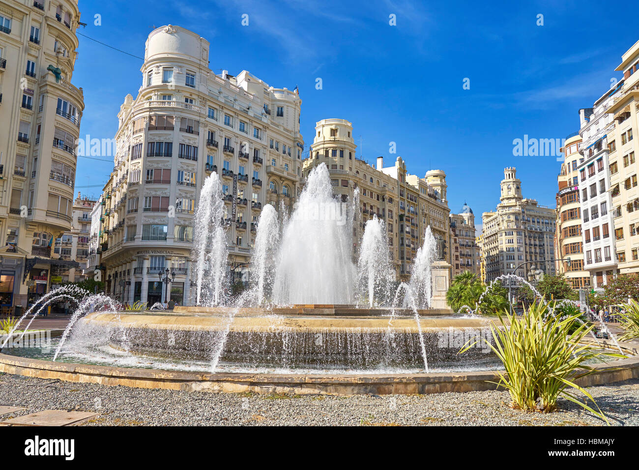 Fountain at Plaza del Ayuntamiento, Valencia, Spain Stock Photo