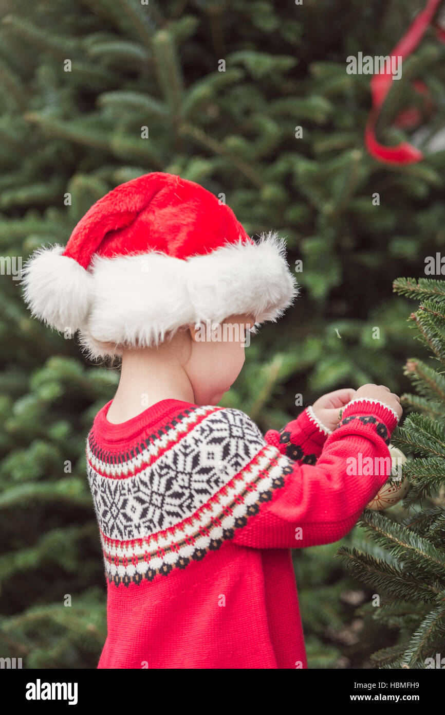 Little girl in red dress on the Christmas tree farm Stock Photo - Alamy