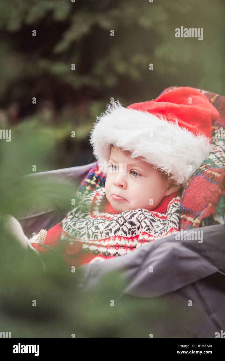 Little girl in red dress on the Christmas tree farm Stock Photo - Alamy