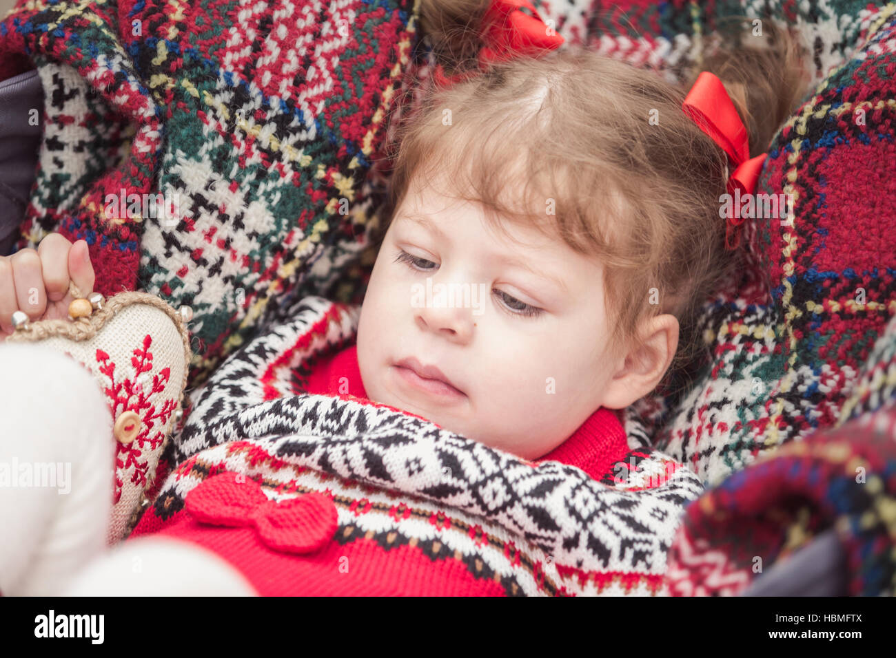 Little girl in red dress on the Christmas tree farm Stock Photo Alamy