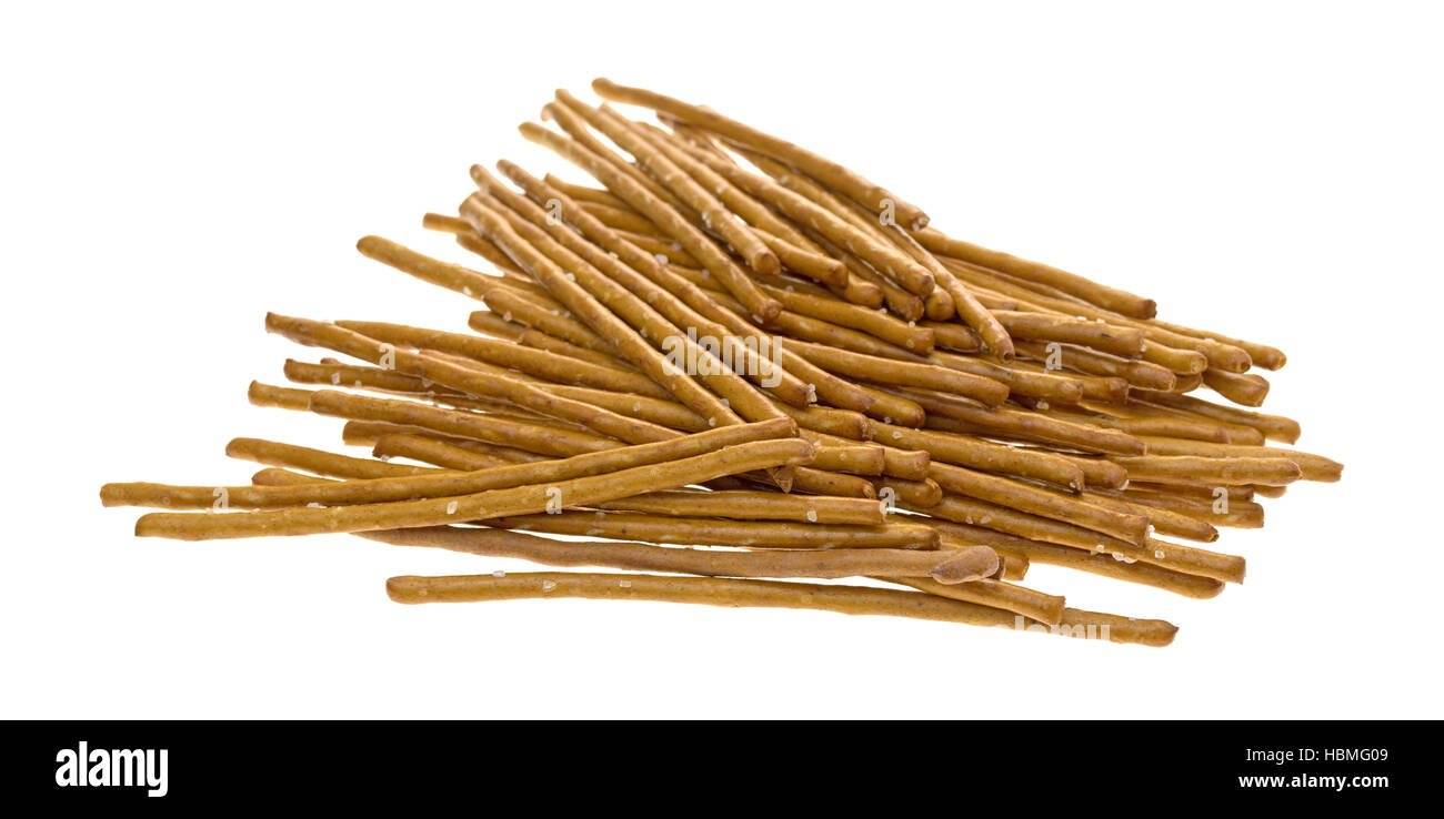A group of salted whole wheat bretzel sticks isolated on a white ...