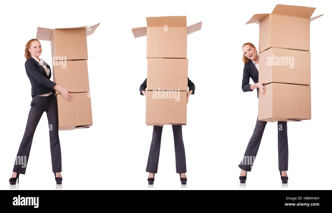 Businesswoman with boxes isolated on white Stock Photo - Alamy