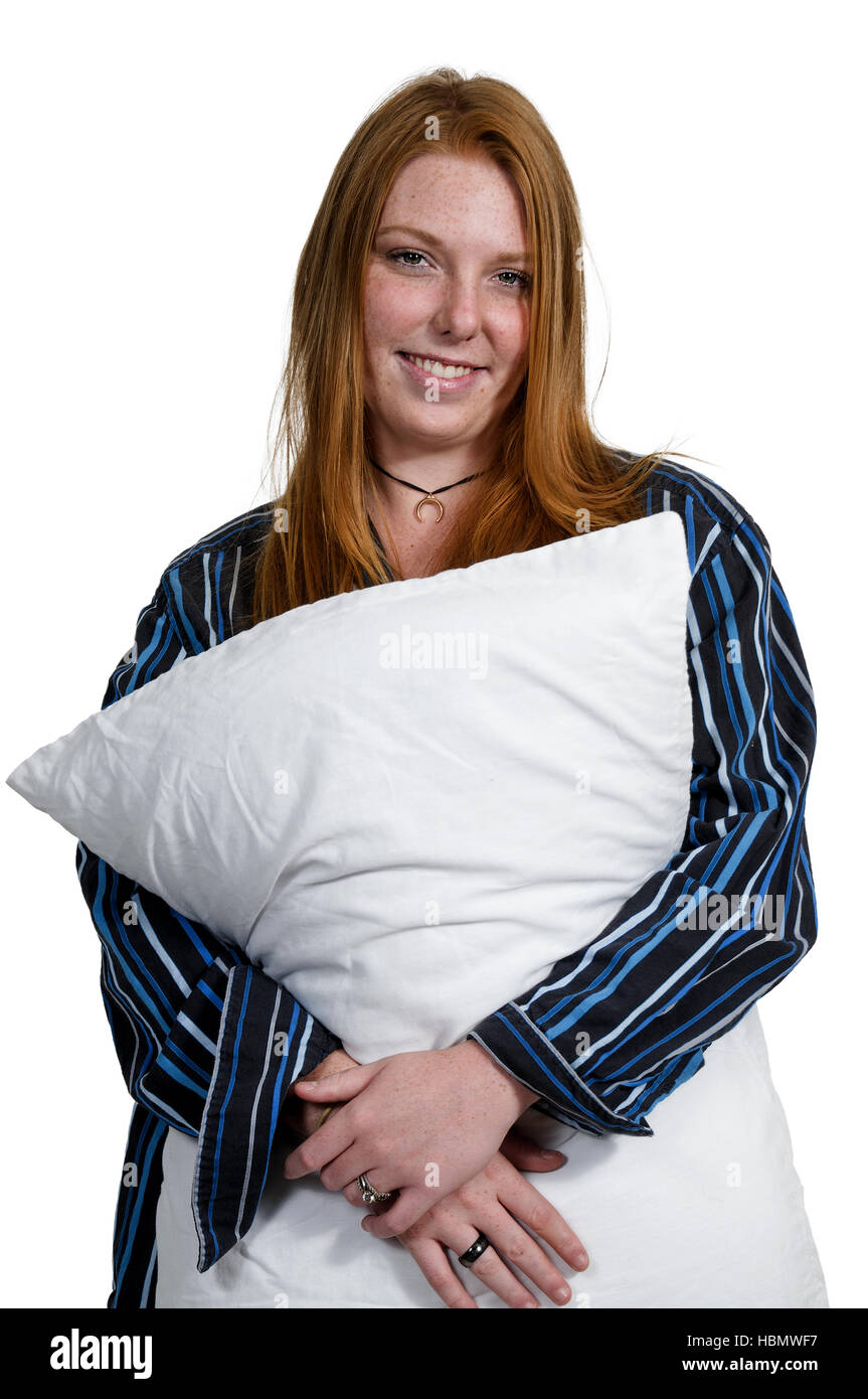 Woman Hugging Pillow Stock Photo Alamy