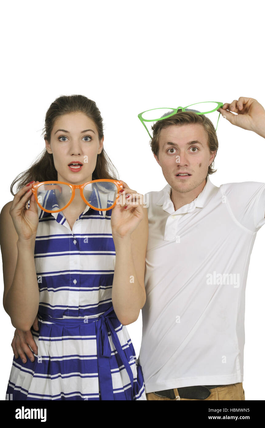 Couple with silly glasses Stock Photo