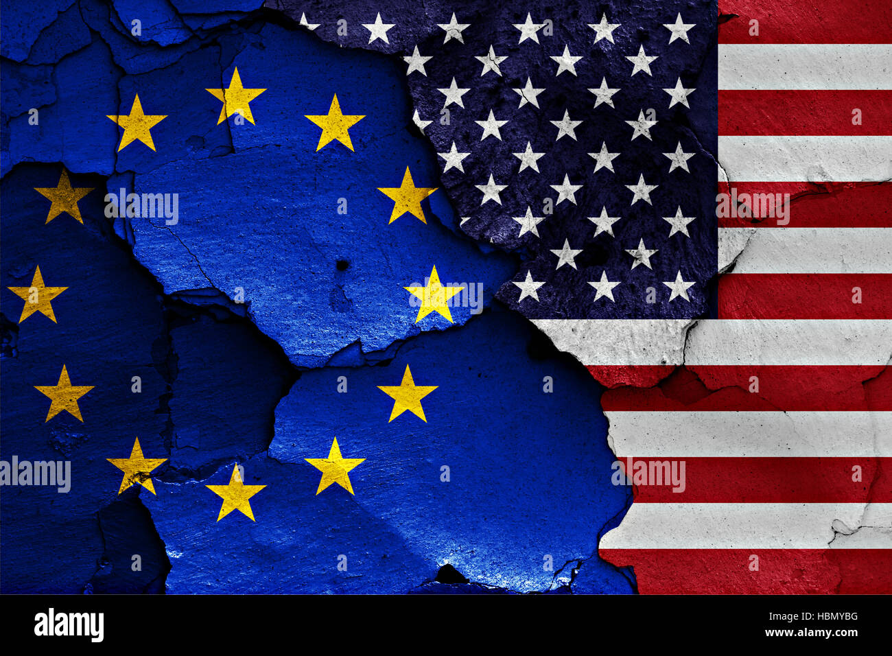flags of EU and USA painted on cracked wall Stock Photo - Alamy