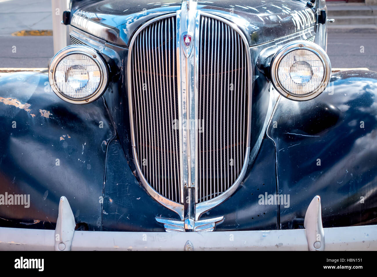 Radiator grille of a now-disused Chrysler Plymouth police car on display in rural America Stock Photo