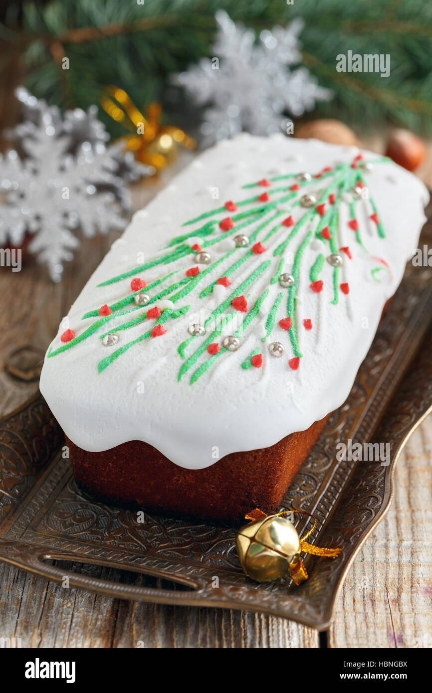 Christmas cake with frosting. Stock Photo