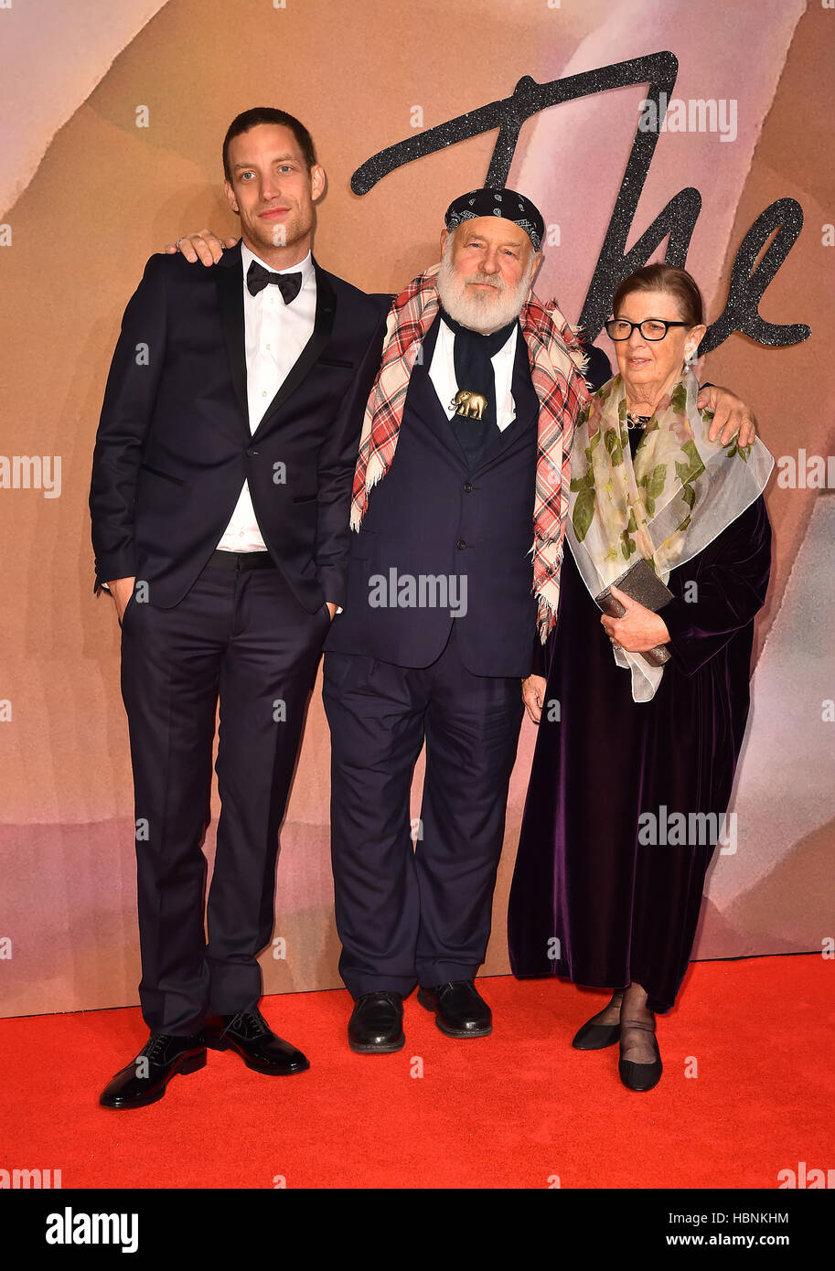 James Jagger, Bruce Weber and Nan Bush attending The Fashion Awards 2016 at the Royal Albert Hall, London. PRESS ASSOCIATION Photo. Picture date: Tuesday December 6th, 2016. Photo credit should read: Matt Crossick/PA Wire. Stock Photo