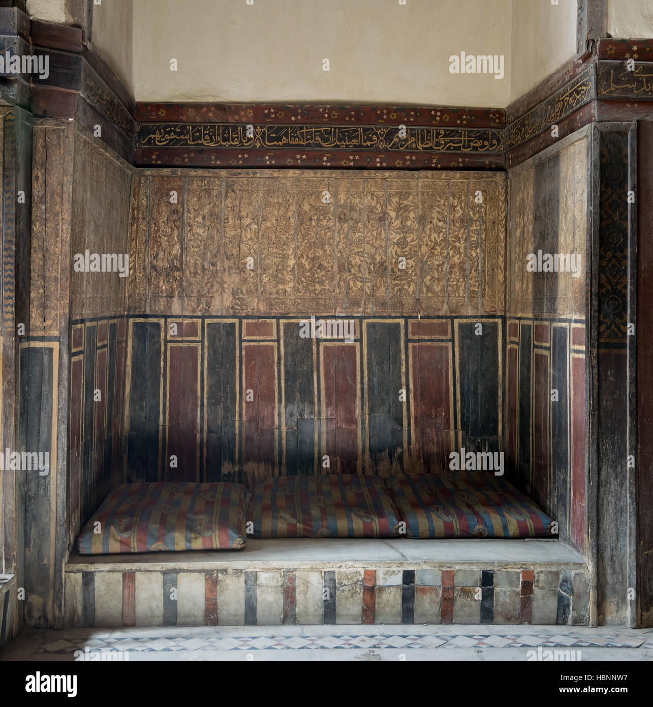 Built-in arabian bench (couch) at El Sehemy house, an old Ottoman era house in Cairo, Egypt, originally built in 1648 Stock Photo
