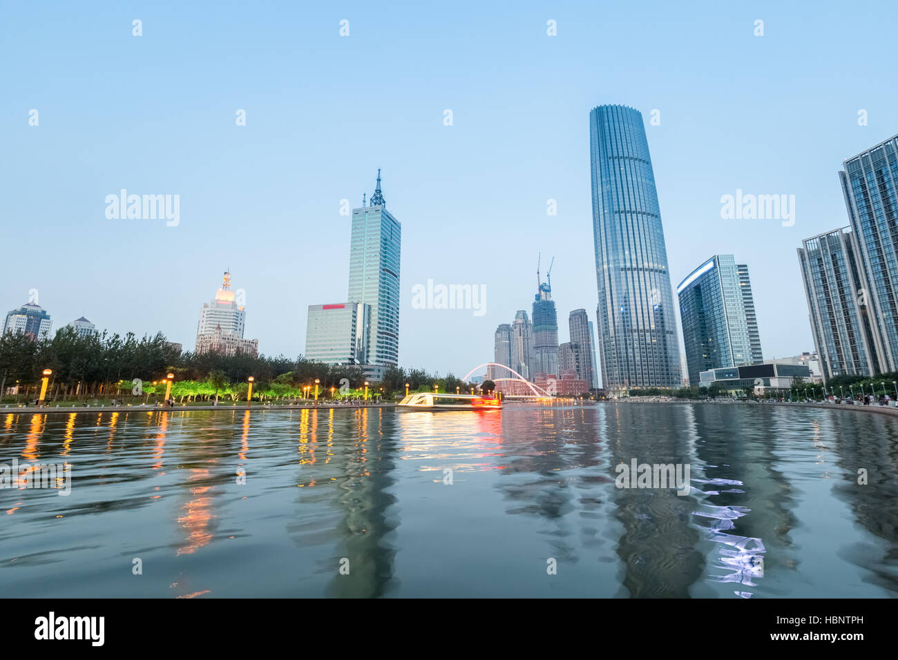 beautiful river with modern buildings Stock Photo