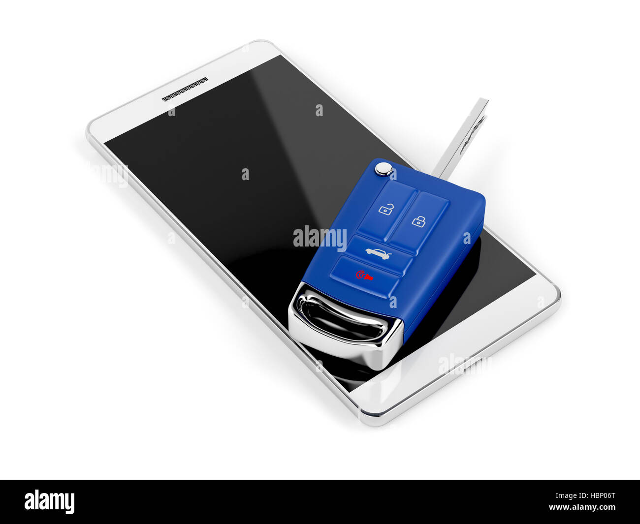 Smartphone and car key on white background Stock Photo - Alamy