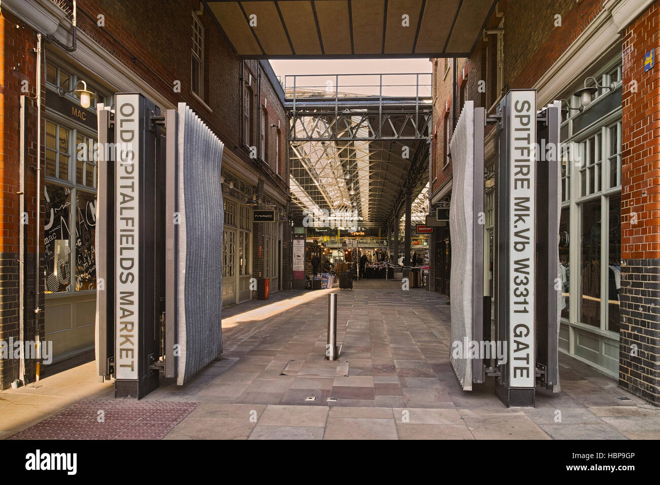 The Spitfire Gate, Spitalfields Market to commemorate the collection of enough money by the traders in WWII to fund a Spitfire Stock Photo
