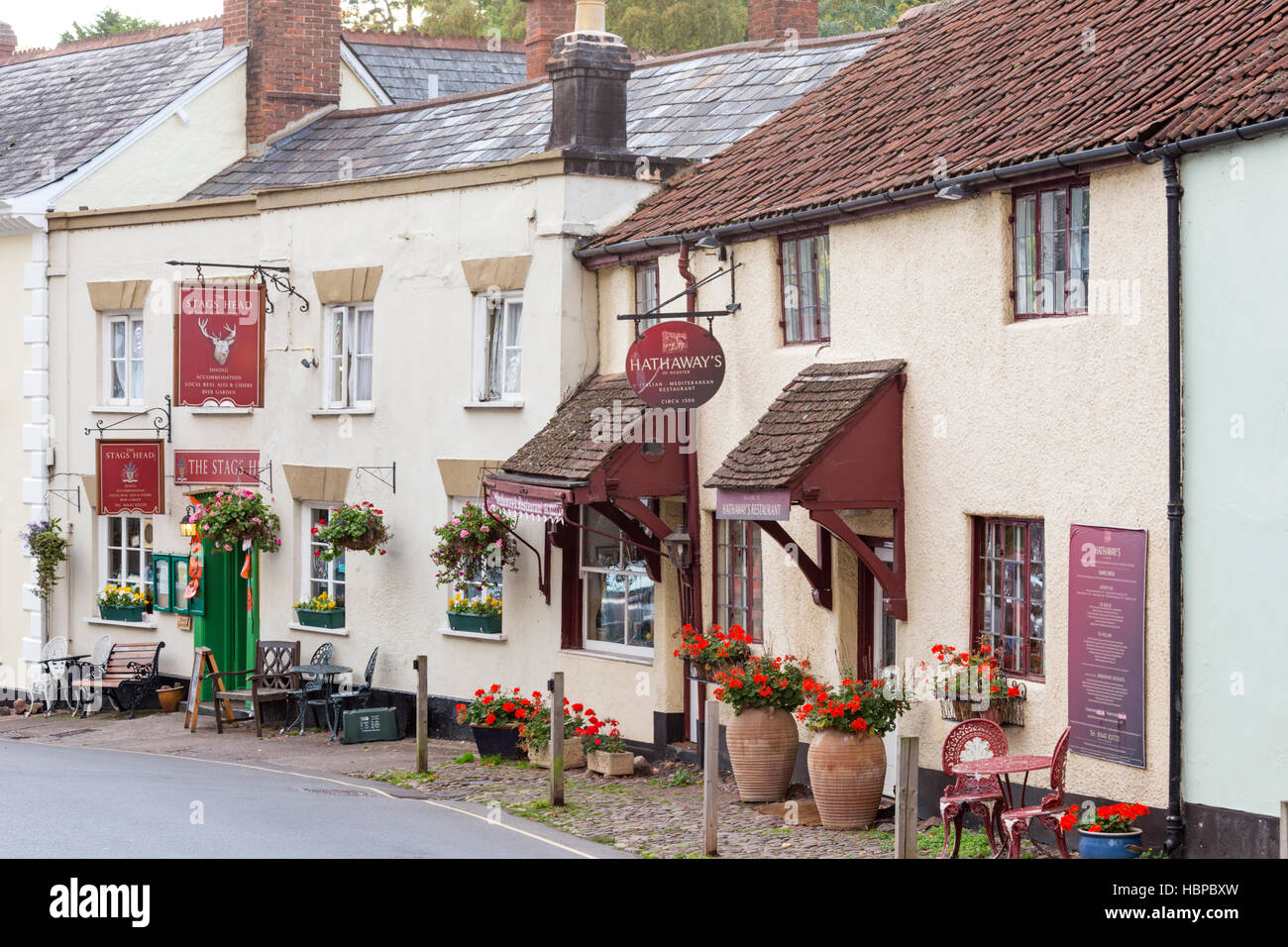 Historic pubs and shops in Dunster village near Minehead, Somerset