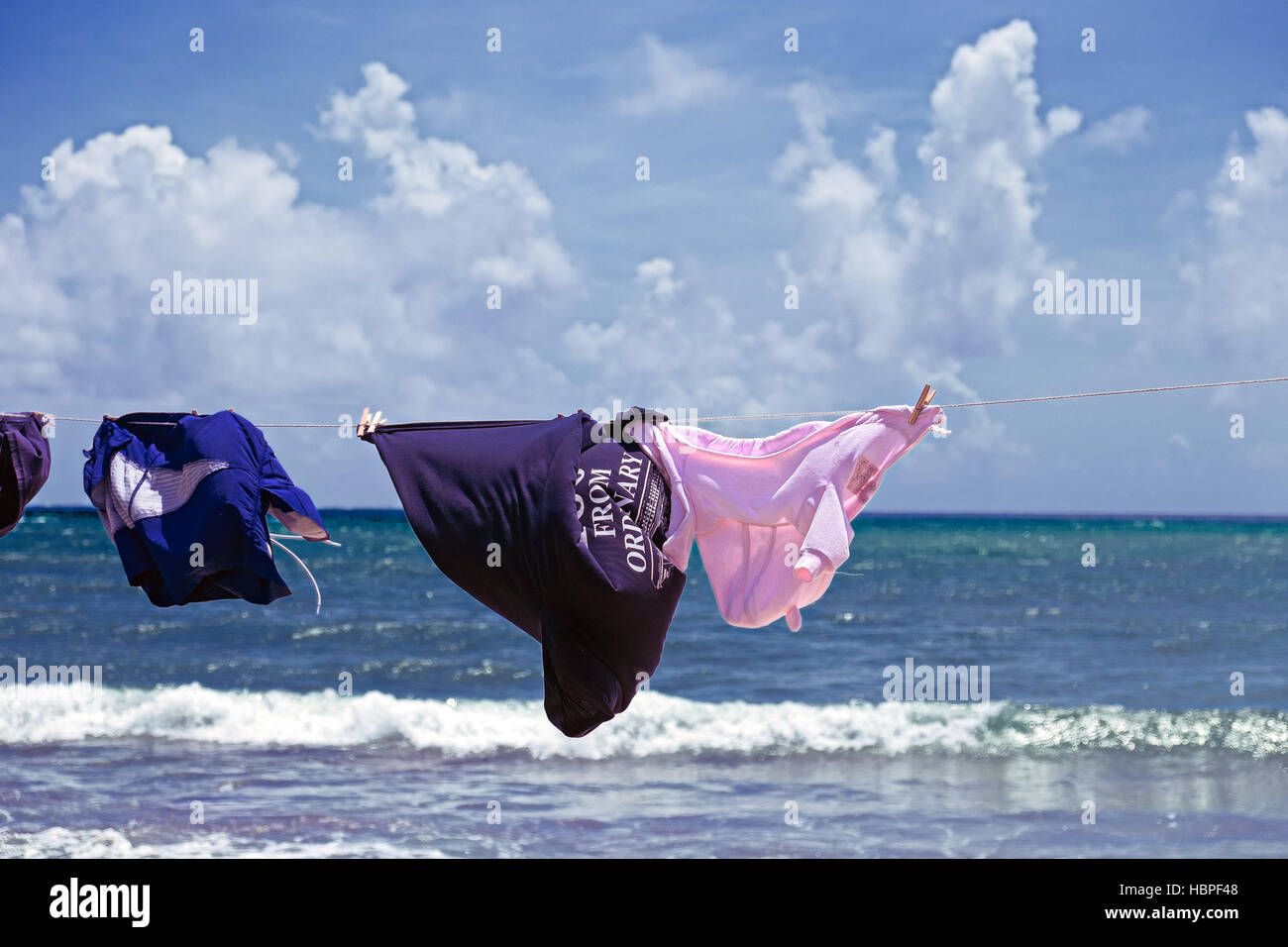 Clothesline and Caribbean Sea Stock Photo