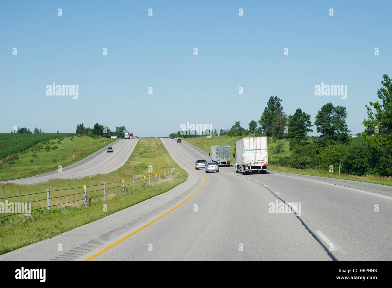 Westbound on Interstate 80 in Iowa, USA. Stock Photo