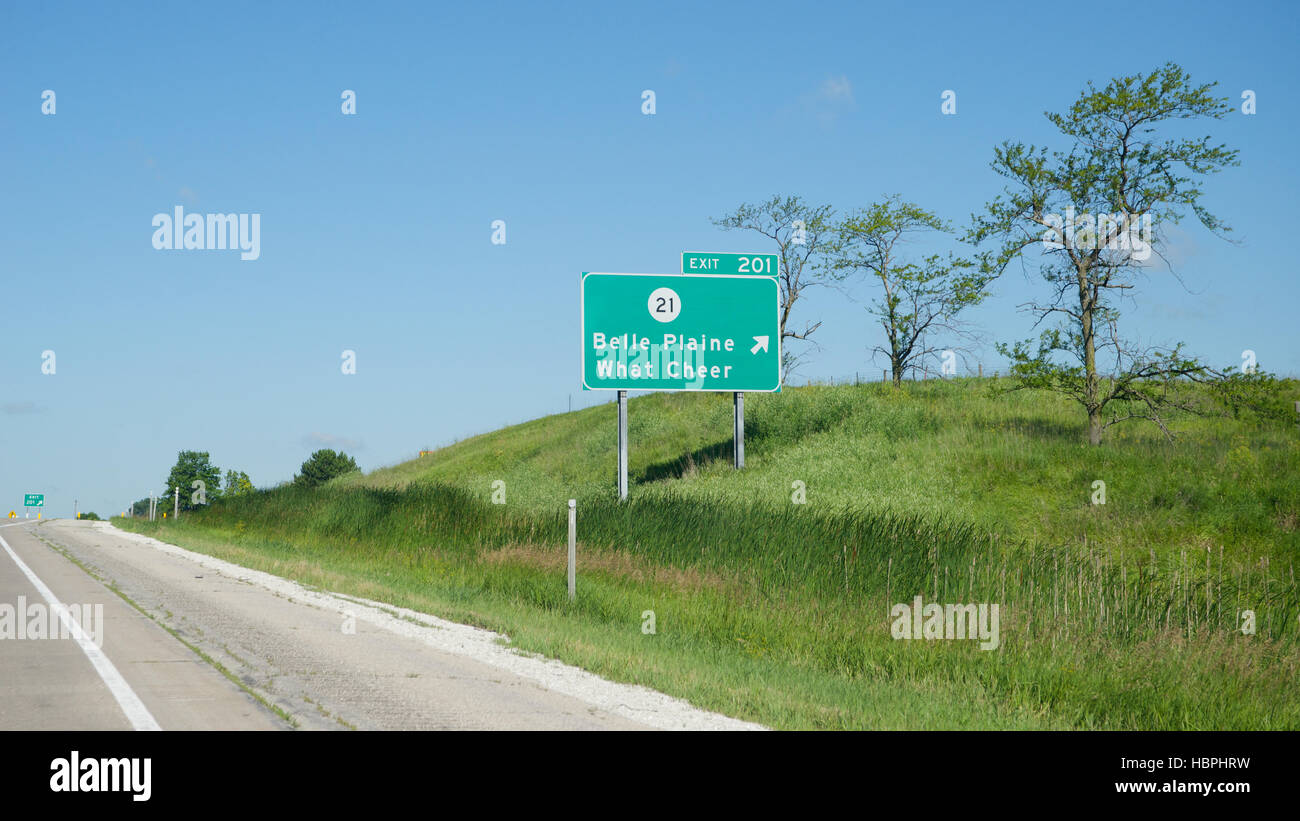 Road sign on Interstate 80 westbound at Victor, Iowa, USA. Stock Photo