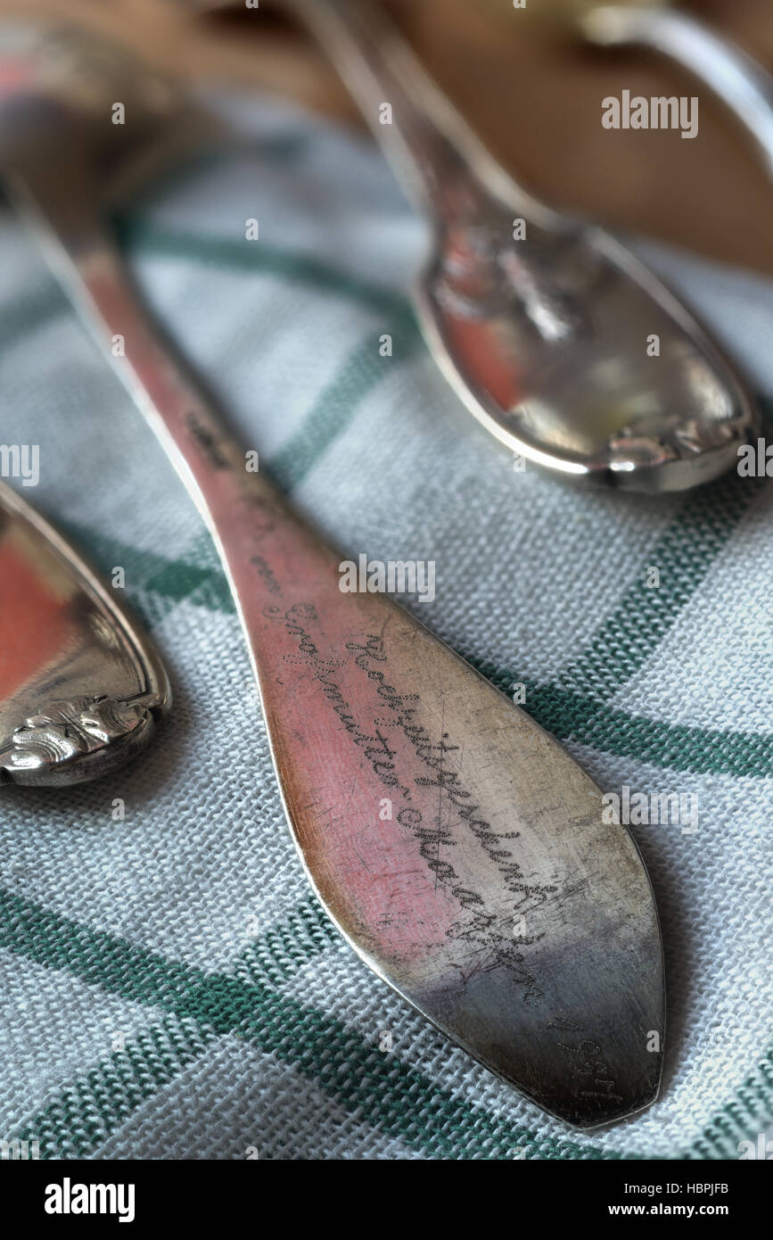Old silver spoons Stock Photo