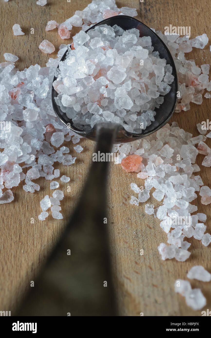 Himalayan Salt on Silver Spoon Stock Photo