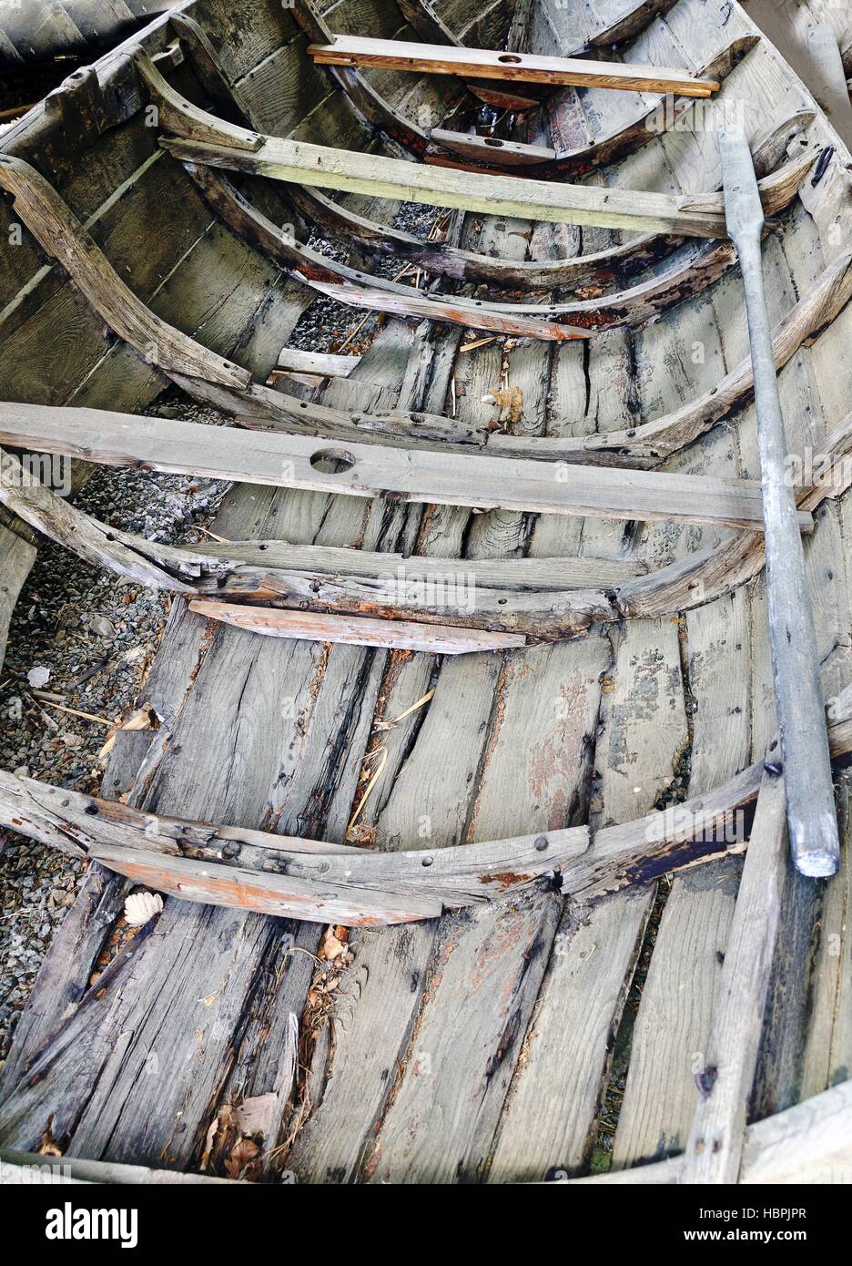 wreck of an old wooden rowing boat Stock Photo