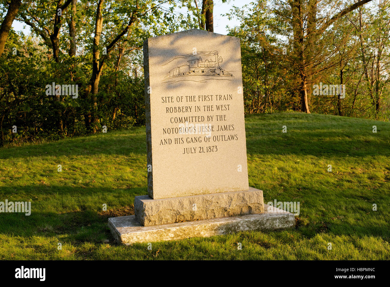 Monument in Adair, Iowa, USA showing the location of the first train
