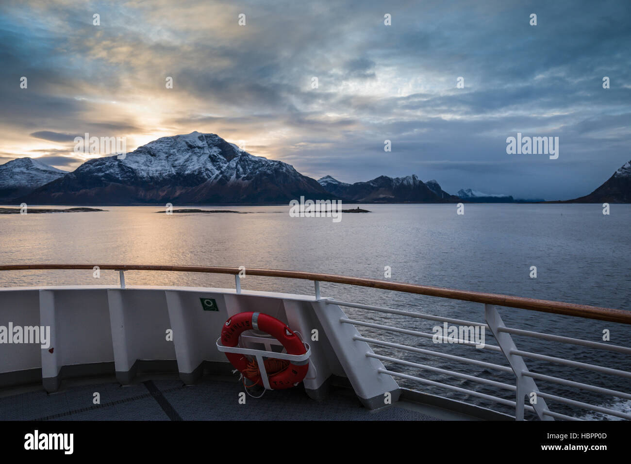 Hurtigruten MS Polarlys view from the stern as it cruises through the fjords of northern Norway. Stock Photo