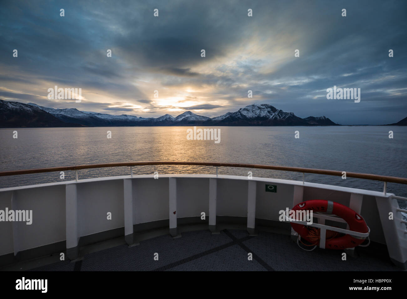Hurtigruten MS Polarlys view from the stern as it cruises through the fjords of northern Norway. Stock Photo