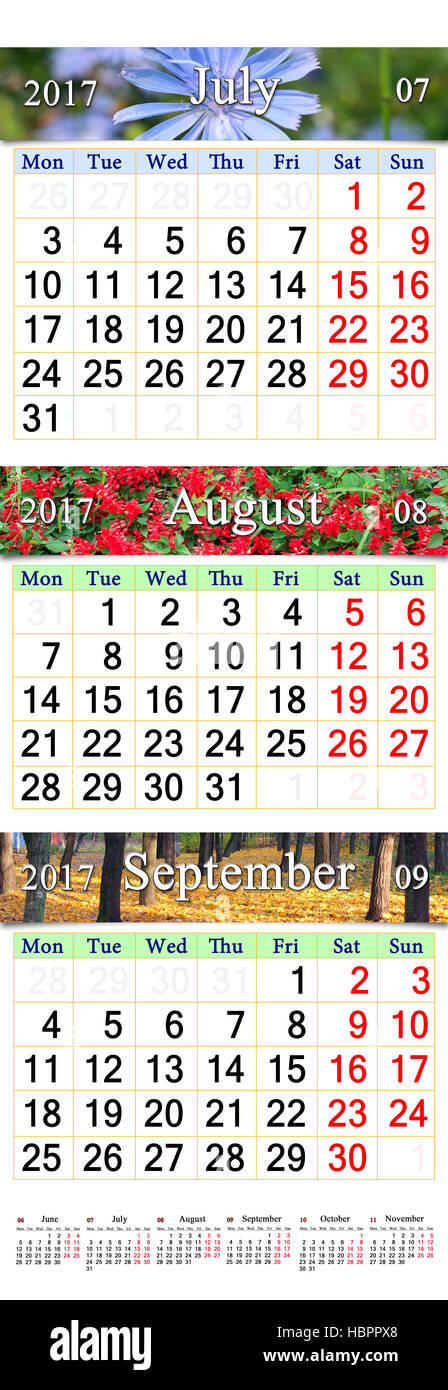 calendar for three months July August and September 2017 with images of 