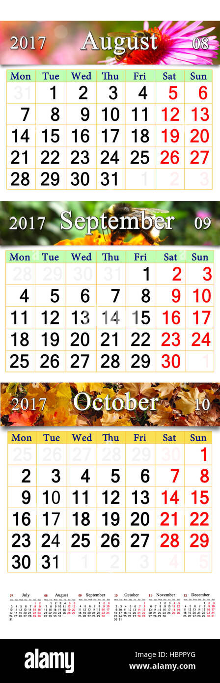 Calendar for three months august september and october 2017 with images of  field of wheat and yellow leaves stock photo - alamy