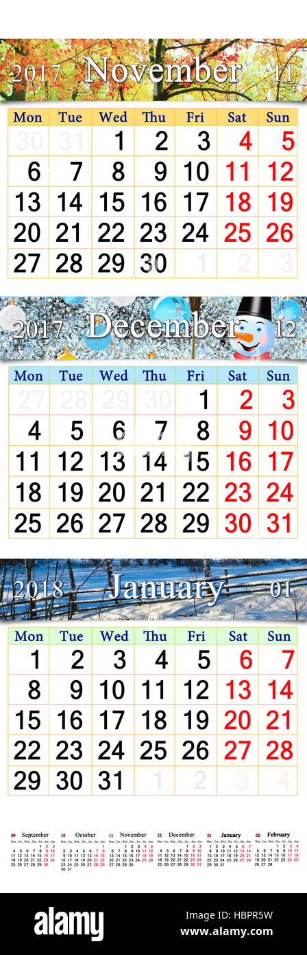 November December 2017 and January 2018 with colored pictures in form of triple calendar Stock Photo