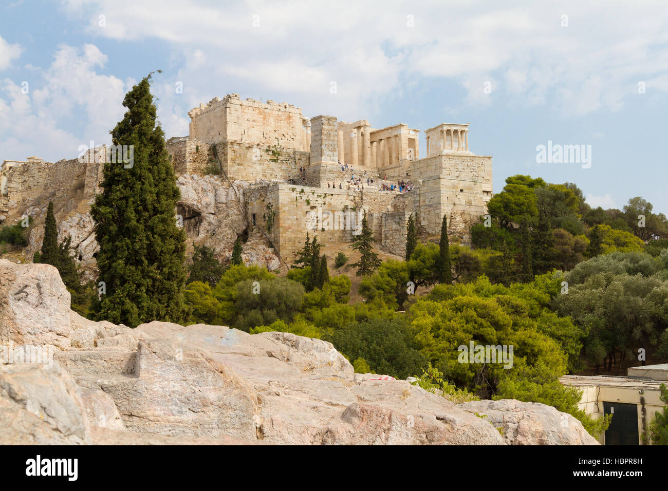 The Acropolis of Athens, Greece viewed from a rocky hill across the Acropolis rock Stock Photo