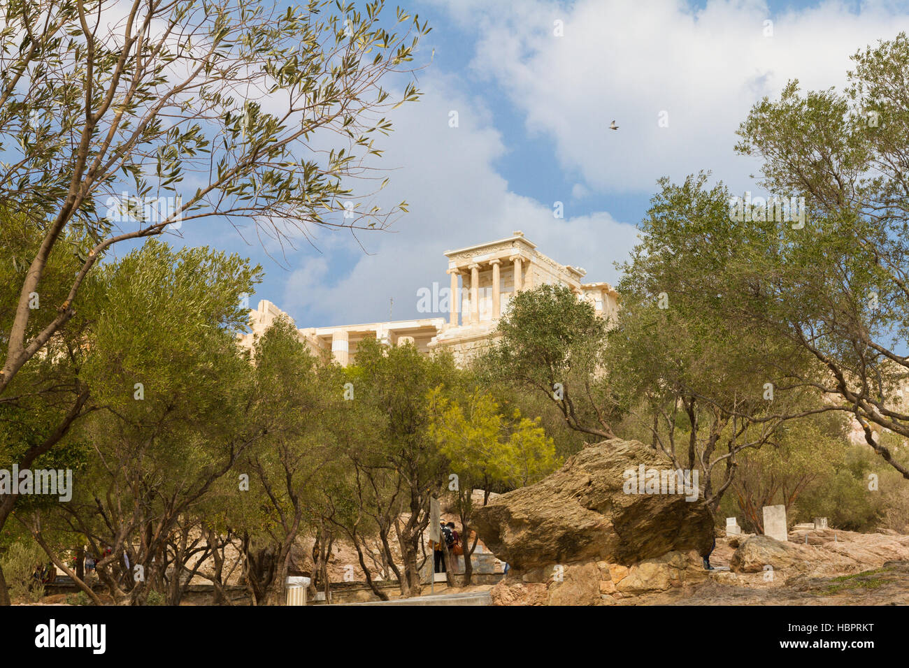 The Acropolis of Athens in Greece behind olive trees as a pegion flies by Stock Photo