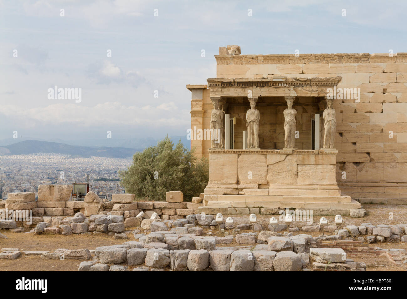 Caryatids on the Erechtheum temple on the Acropolis of Athens, Greece Stock Photo