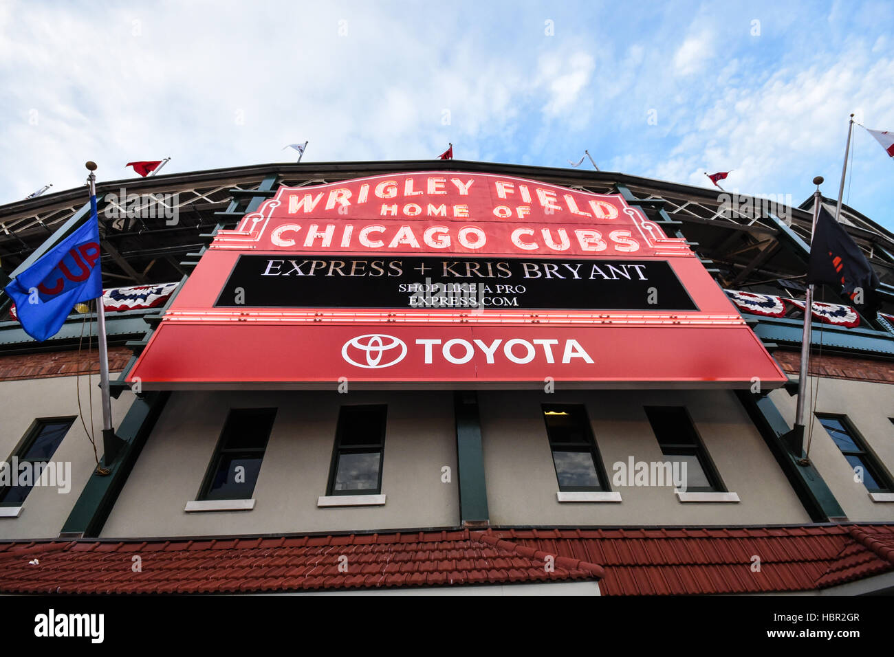 The legendary marquee of Wrigley Field. Wrigley Field is a baseball