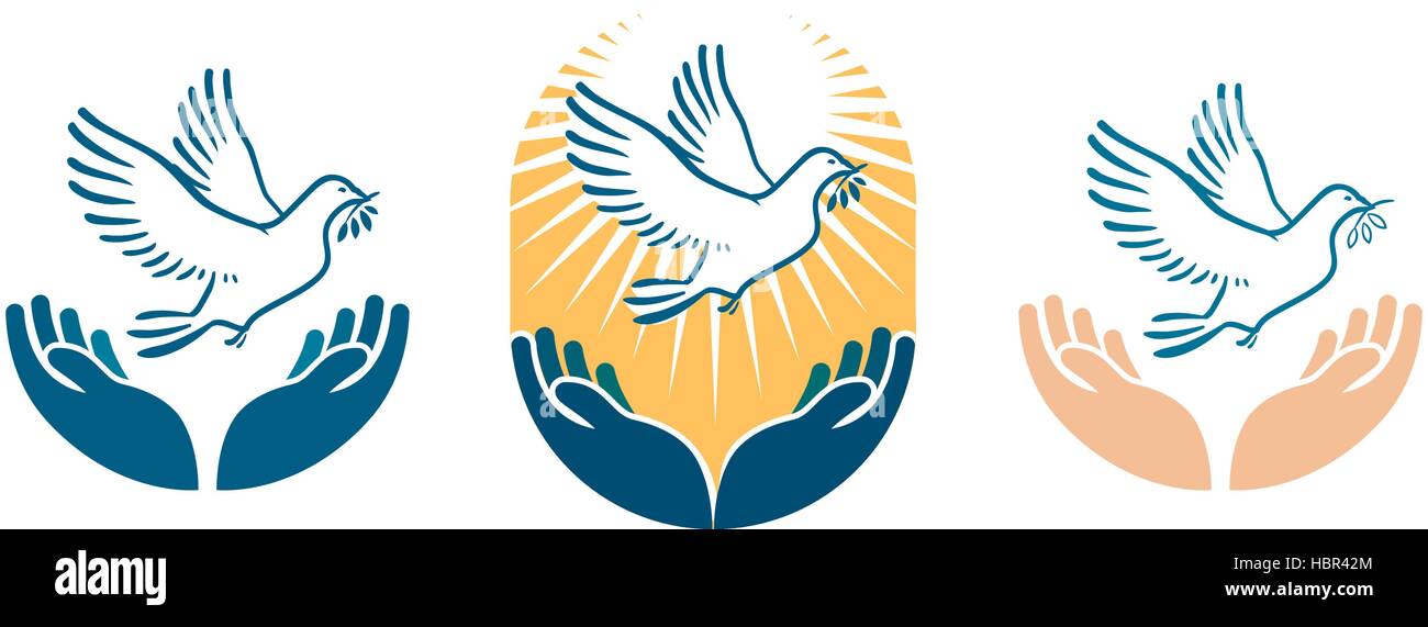 Dove bird carrying olive branch in beak as a peace symbol. Vector logo or icon Stock Vector