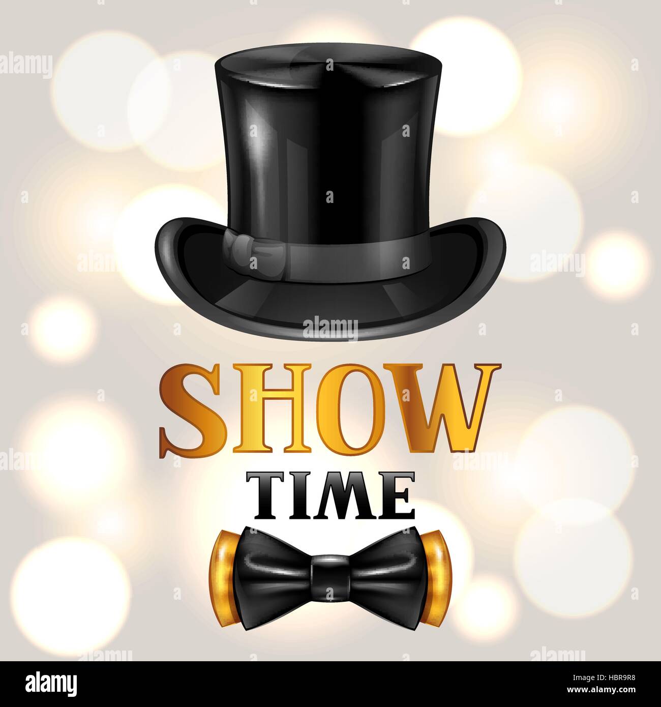 Show time card with cylinder and bow tie. Invitation to entertainment Stock Vector