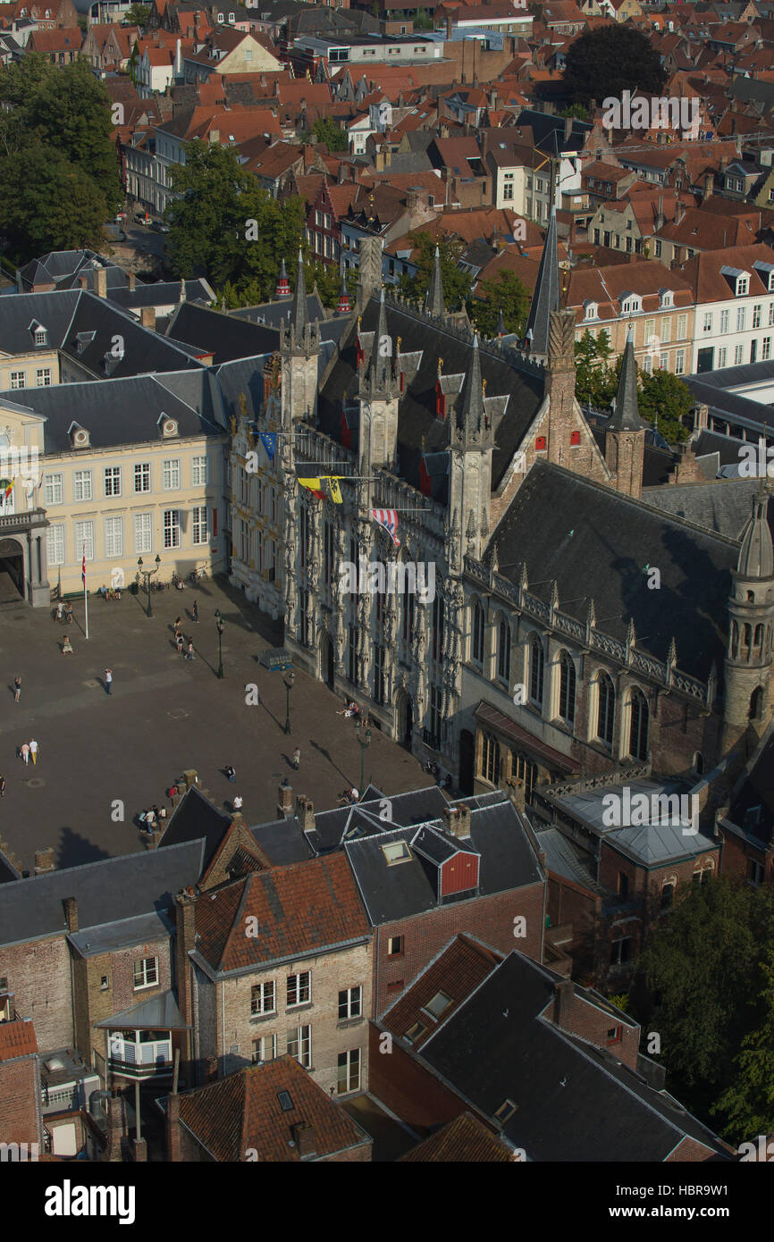 Burg Square seen from the top of Belfry Tower or Belfort Tower, Bruges, West Flanders, Belgium, Europe Stock Photo