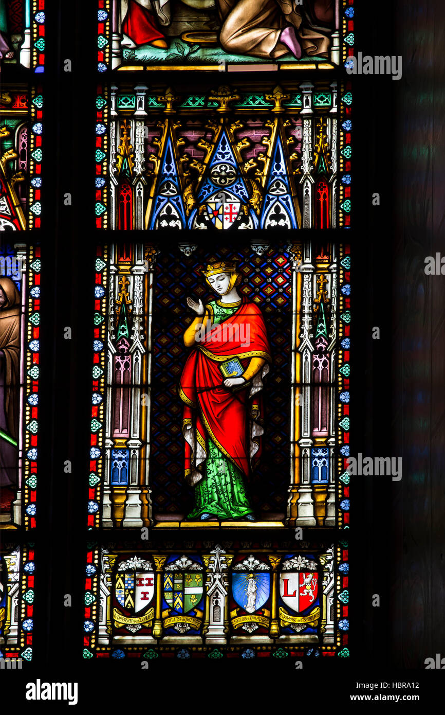 Gothic stained glass, Basilica of the Holy Blood, Bruges,  West Flanders, Belgium, Europe Stock Photo