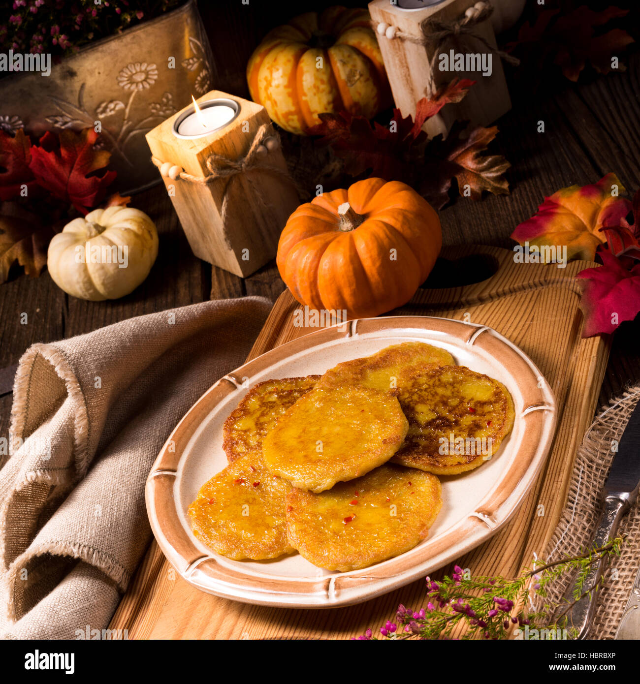 Potato pancakes with pumpkin puree Stock Photo