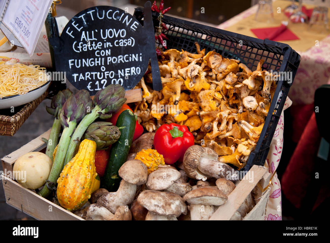 Rome, colourful vegetable selection outside restaurant, with mushrooms