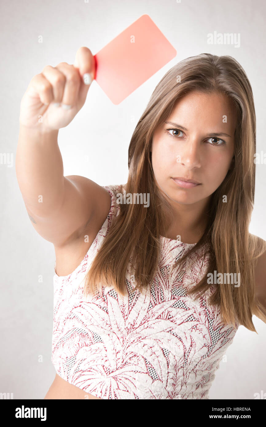 Woman Showing Red Card Stock Photo Alamy