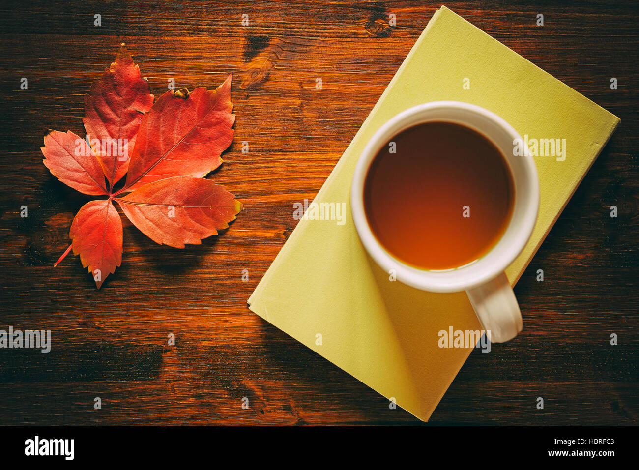 Cup of tea on a book and autumnal leaf Stock Photo