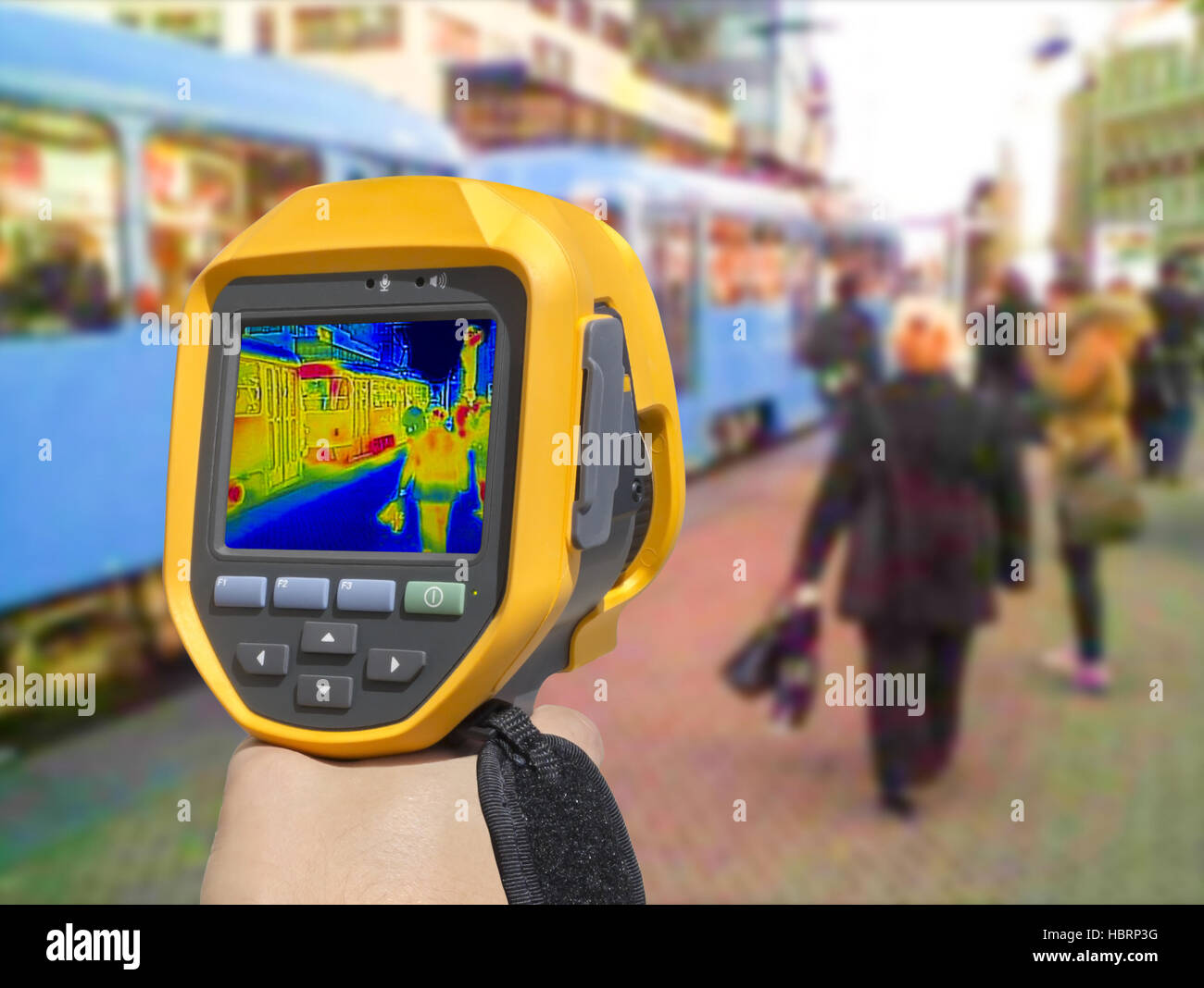 Recording with Thermal camera people at the city railway station Stock Photo