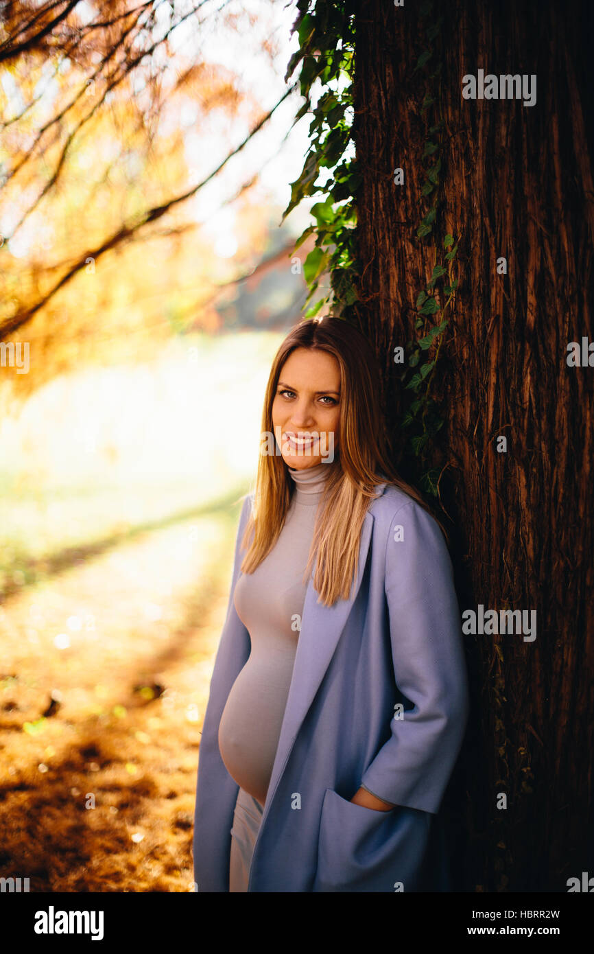 Pregnant woman posing in the autumn park Stock Photo